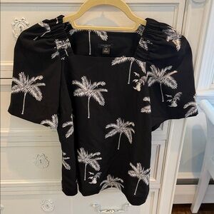 White Palm-Print Puff-Sleeve Top - Ann Taylor